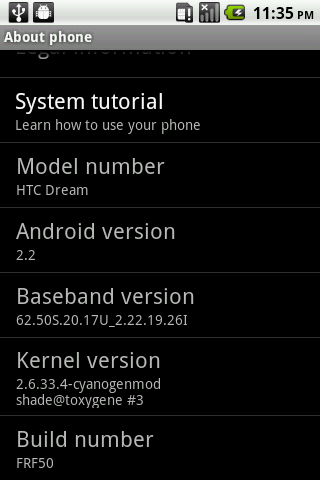 HTC Dream Android 2.2 rendszerfrissítés FRF50 32b Alpha adatlap