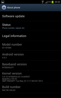 Samsung GT-N7000 Galaxy Note Android 4.0.3 OTA  rendszerfrissítés IML74K